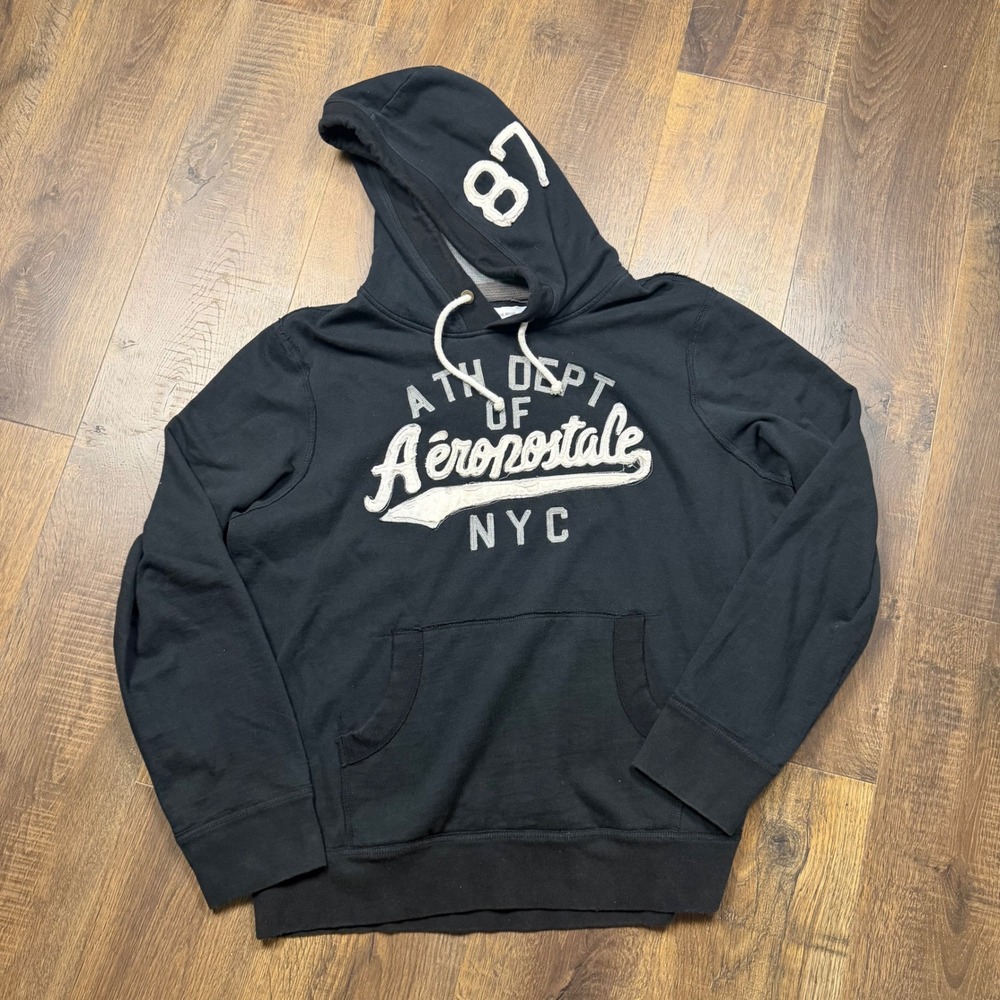 Aeropostale Y2K Distressed Black Hoodie XXL Embroidered Spellout 87 Grunge
